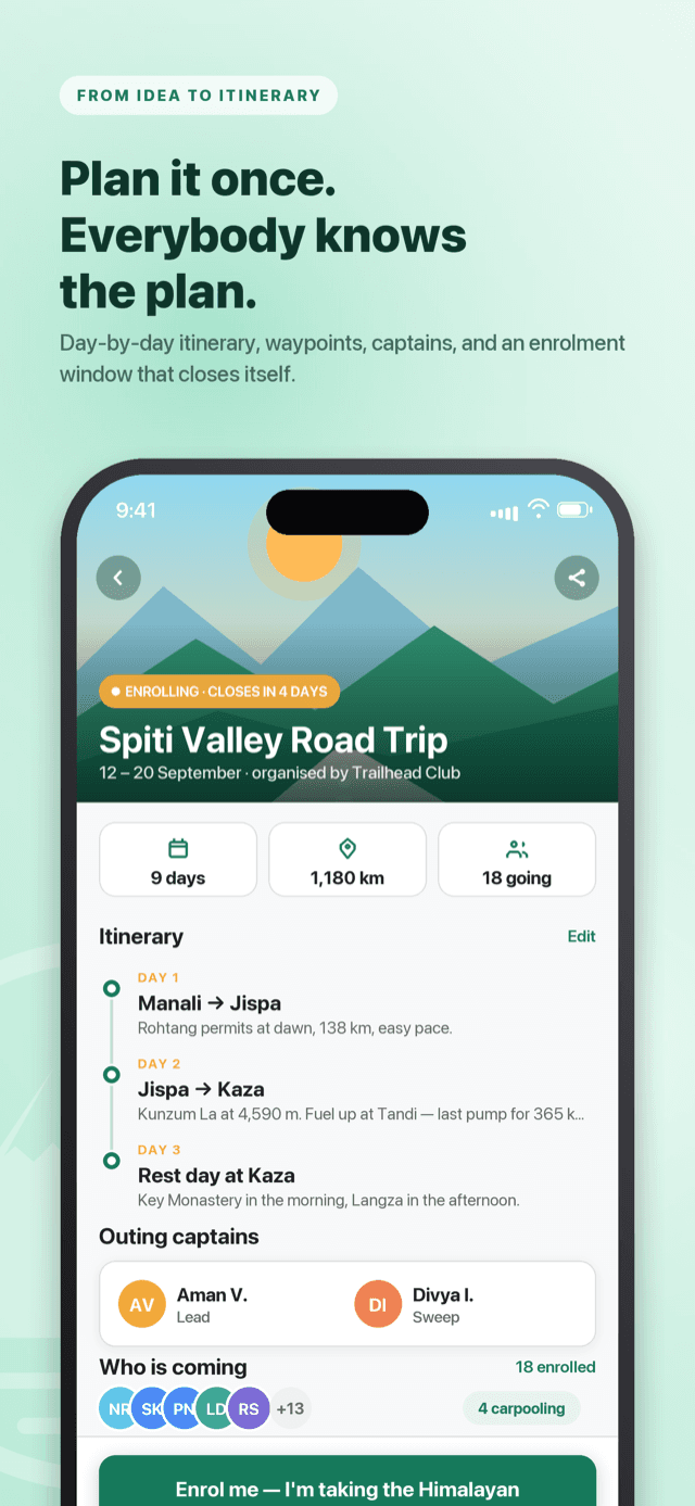 An outing's detail screen: itinerary, appointed captains and an open enrolment window.